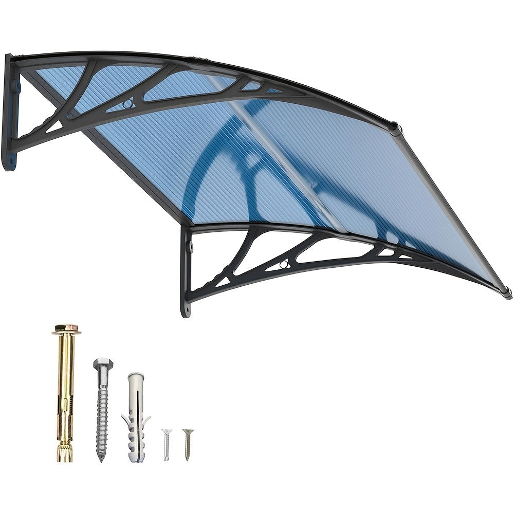 Polycarbonate Window Awning Door Canopy - UV Rain Snow Sun Protection Overhang for Doorways, Patio & Windows, Multiple Sizes, Black/Gray Bracket with Blue/Clear/Brown Board