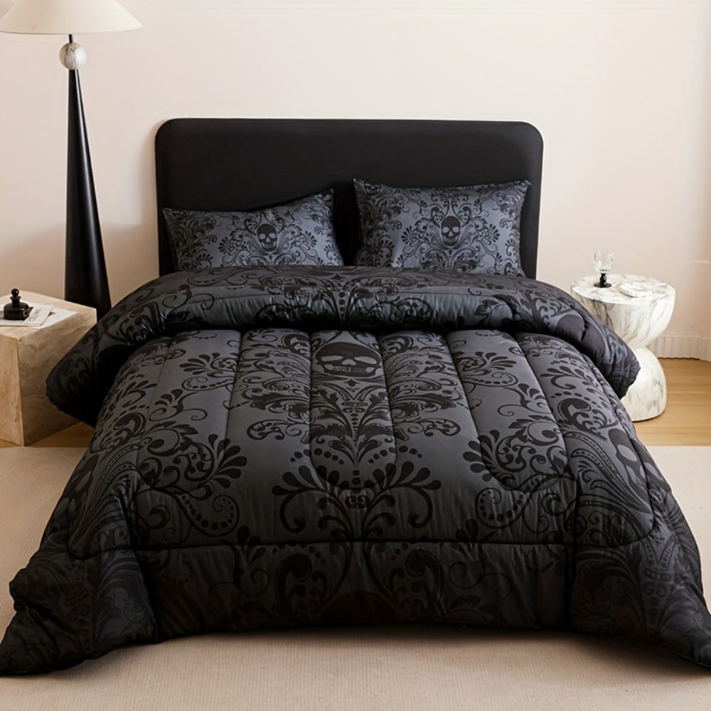 Skull Quilt Set 3pcs Gothic Victorian Comforter with 2 Pillowcases | Black Gray Digital Print Bedding Twin Full Queen King