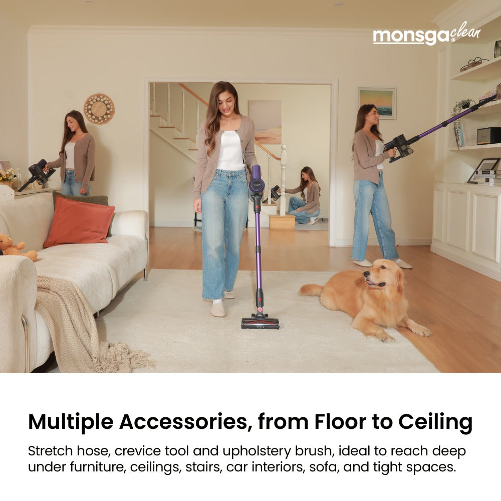 Cordless Vacuum Cleaner 46KPA Powerful Suction Lightweight Detachable Battery Anti-Tangle V-Shaped Brush 6-Stage Filtration 1.8L Dust Cup for Hard Floor Carpet Pet Hair Home