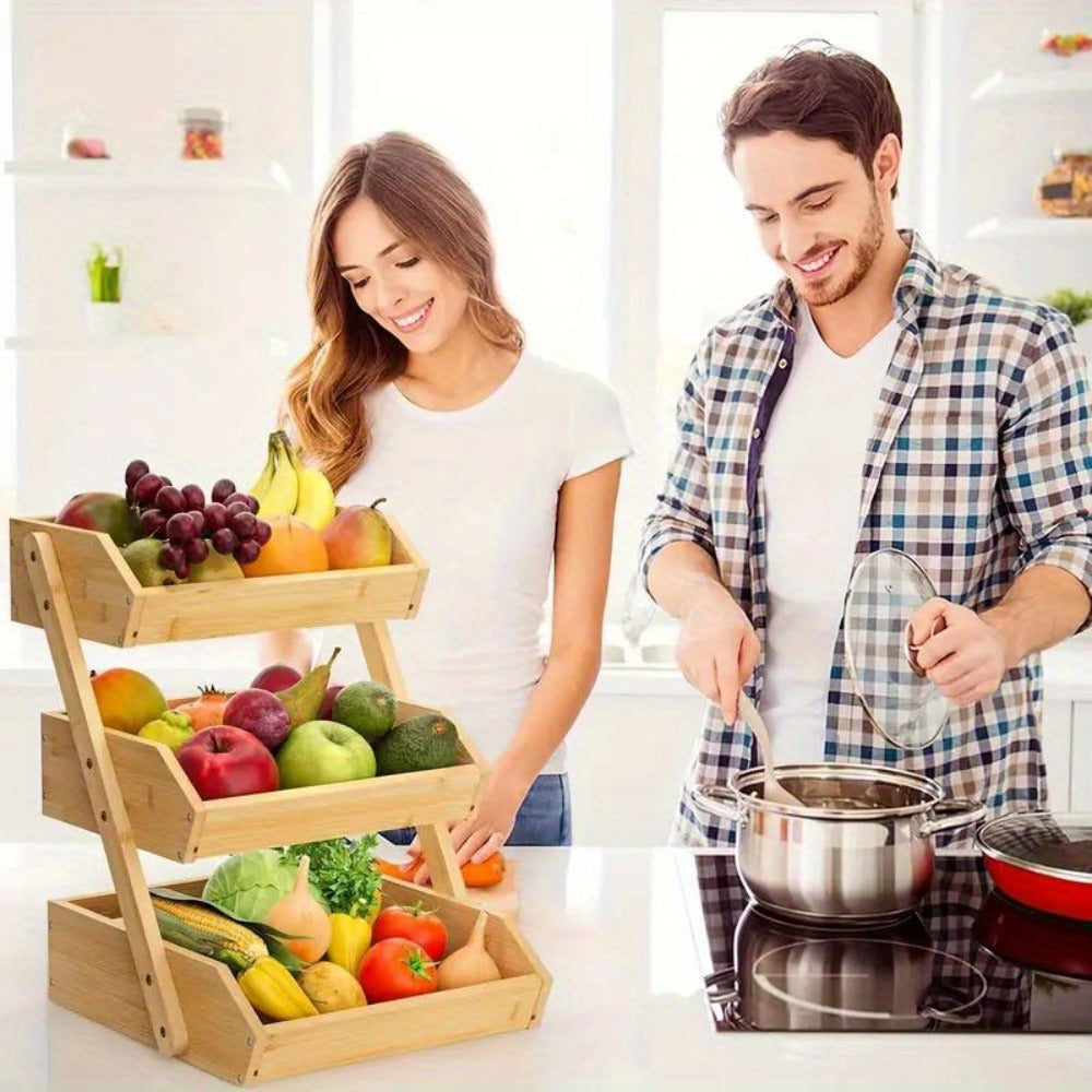 Bamboo Fruit Storage Rack 2-3 Tier with Hooks, Kitchen Counter Organizer for Fruits Vegetables Bread Spices, Freestanding Shelf Basket Display Stand