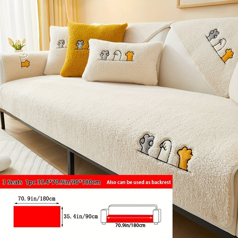 Plush Shearling Sofa Cover Non-Slip Pet-Friendly Couch Protector Animal Bone Embroidery Soft Warm for Living Room Bedroom Office 2 3 4 Seater