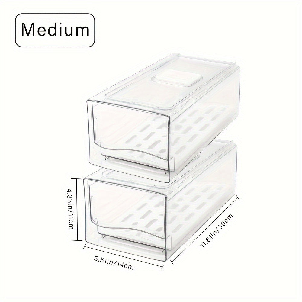 Stackable Fridge Organizer Bins with Drain Board 2 Pack, BPA-Free Refrigerator Drawer Organizer for Produce Fruit Vegetable, Reusable Food Storage Containers for Kitchen