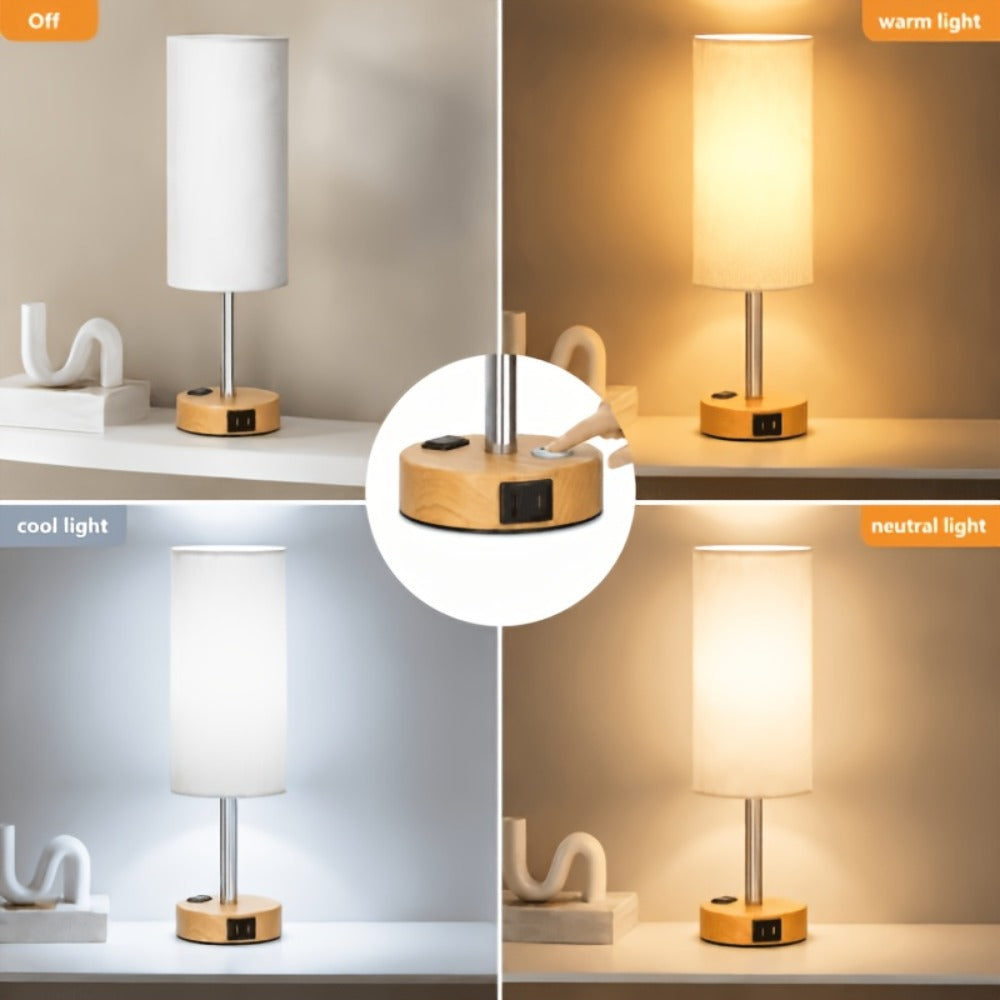 Dimmable Table Lamp with USB Charging Ports & AC Outlet - 3-Way Touch Control Bedside Nightstand Lamp, 6W LED Bulb Included, Wood & Metal Base, Modern Desk Light for Bedroom, Living Room & Office (1 or 2 Pack)