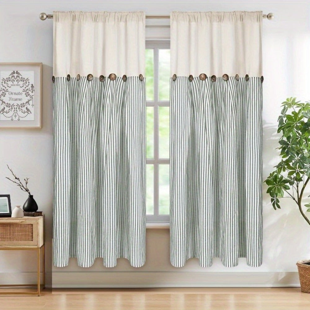 Semi Sheer Curtains Bohemian Linen Cotton Patchwork Grommet Top Window Drapes for Bedroom Living Room Kitchen Bathroom Cafe - Boho Country Cottage Style 4 Seasons 1 or 2 Panels