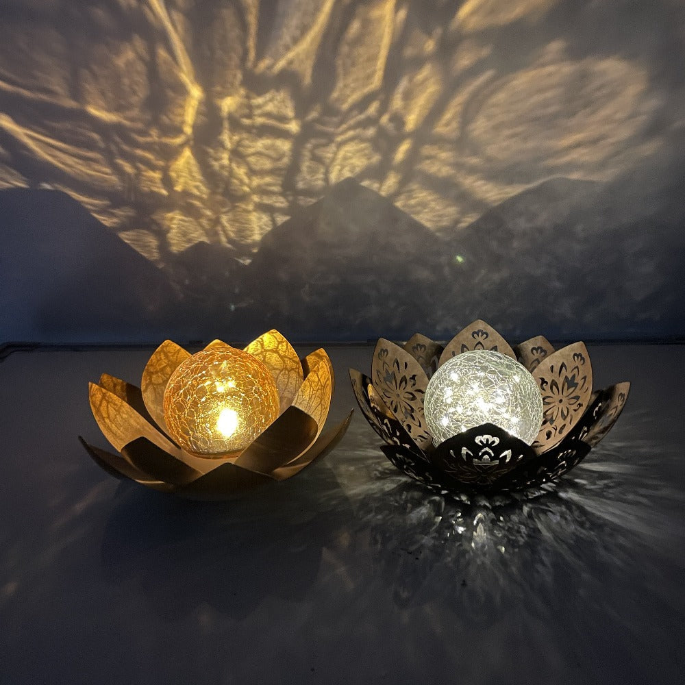 Solar Lotus Garden Lights 2-Pack ¨C Rustic Iron Outdoor Stake Light with Cracked Glass Globe, IPX4 Waterproof Solar Powered Yard Lawn Patio Pool Decor, Warm Glow Landscape Lighting Gift