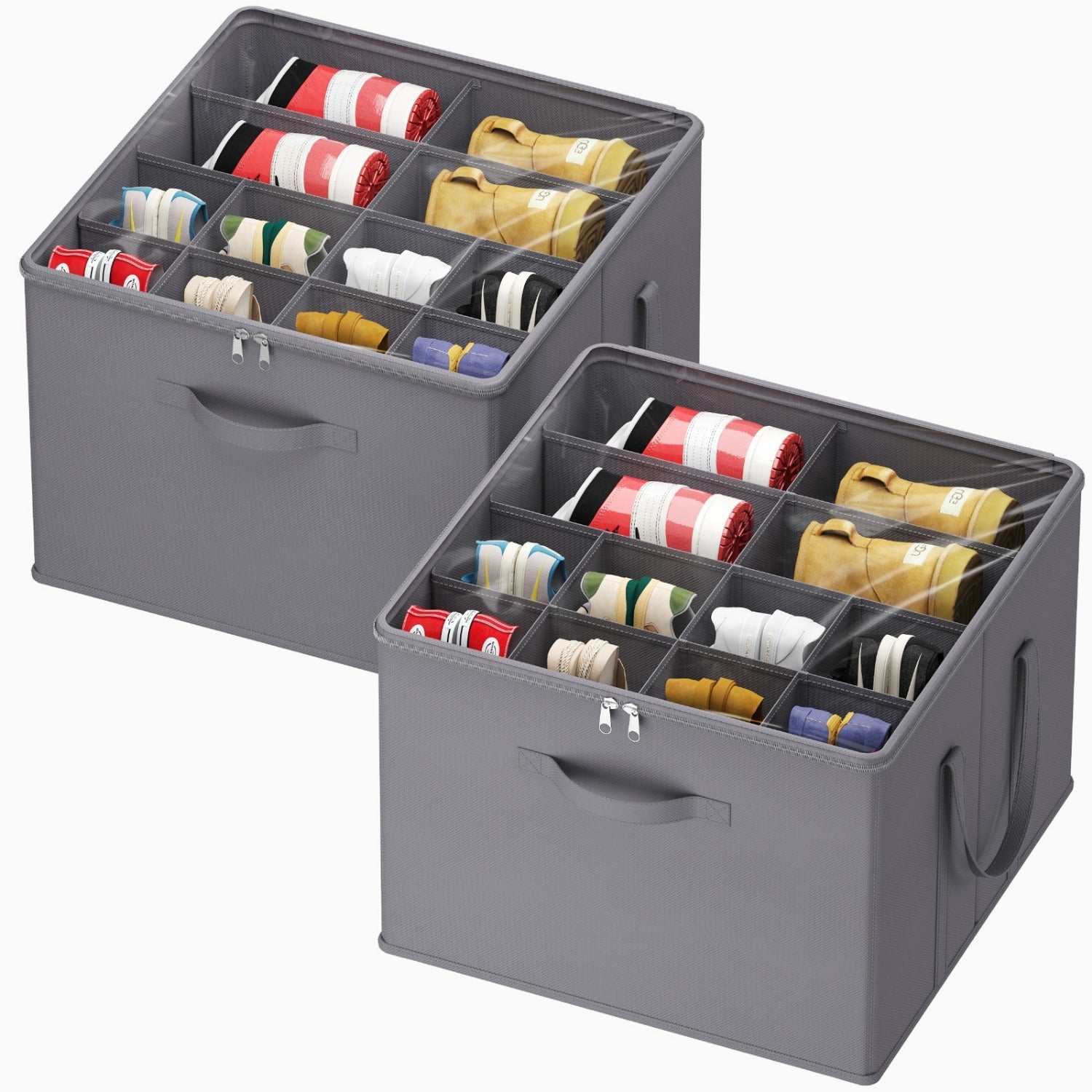 Shoe Storage Organizer with Clear Cover ¨C Foldable Shoe Box for Closet, Fits 12-16 Pairs, Reinforced Handles, Dust-Proof Non-Woven Fabric, Space-Saving Stackable Design for Boots Heels Sneakers, 1/2/3 Pack