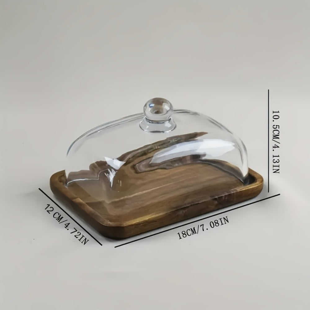 Wooden Butter Dish with Glass Lid | Retro Multifunctional Serving Tray for Cakes Fruits Snacks Desserts Weddings Parties Kitchen Countertop Display