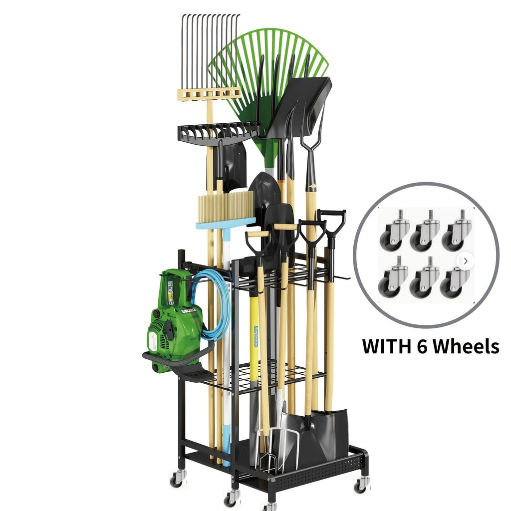 Garden Tool Organizer for Garage ¨C Metal Yard Tool Storage Rack with Hooks & Wheels for Long-Handled Tools, Broom, Shovel, Rake, Mop ¨C Heavy Duty Freestanding Tool Stand Holder, Black