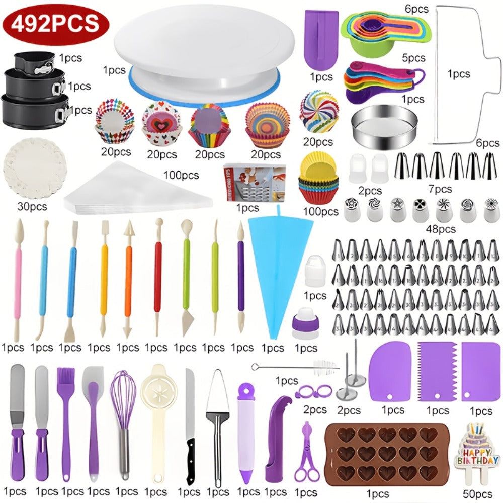 Piping Bags and Tips Set 492pcs Complete Cake Decorating Kit with Turntable Frosting Spatula Chocolate Mold Baking Tools for Beginners Professionals