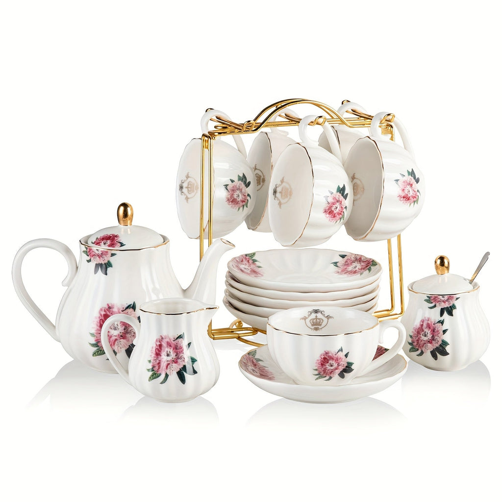 Porcelain Tea Set Service for 6 British Royal Floral Design with Teapot Sugar Bowl Cream Pitcher Teaspoons Tea Strainer 8oz Cups Saucers for High Tea Wedding Party Gift