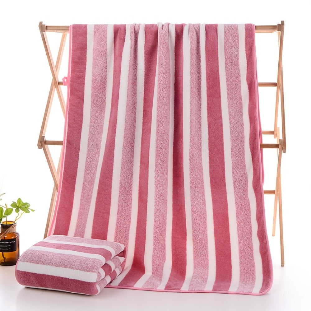 Striped Bath Towel Set 1 or 4 Pack 346GSM - 100% Polyester Super Soft Skin Friendly Absorbent Quick Dry | 70x140cm 27.6x55.1in | Green Gray Red Multi-Color | Home Bathroom Beach Essentials