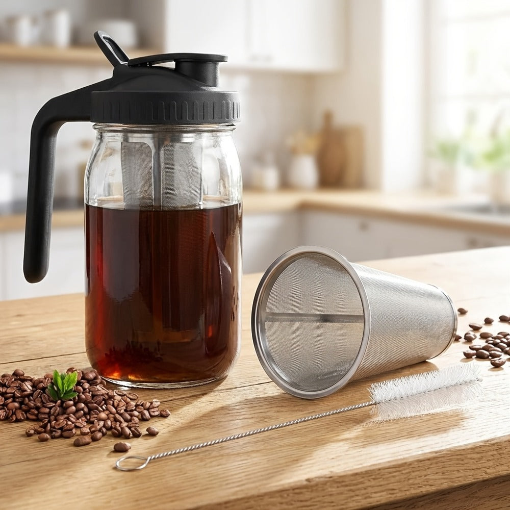 Cold Brew Coffee Maker with Stainless Steel Filter & Cleaning Brush - Large Capacity Glass Mason Jar Pitcher for Home, Kitchen, Bar & Restaurant, Professional Cold Brew Pot for Smooth Concentrate