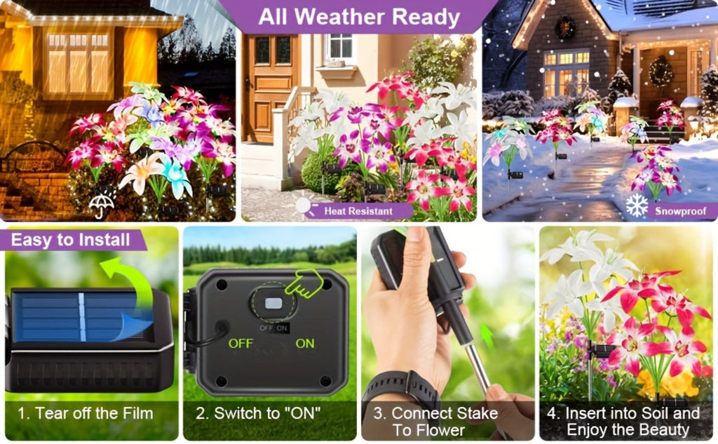Solar Garden Lights Blooming Lily Flower | 7 Color Changing LED | Waterproof Outdoor Solar Stake Lights | Yard Patio Pathway Gravestone Decor | 2 4 12 Pack Solar Flower Lights