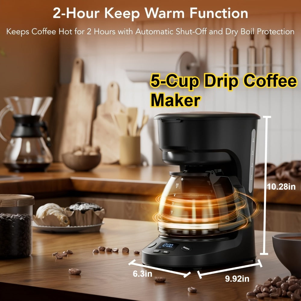 Drip Coffee Maker 5 Cup 24H Delay Brew 2H Keep Warm Pause and Serve Reusable Filter Glass Pot LED Display Auto Shut-Off Portable Coffee Machine for Office Travel