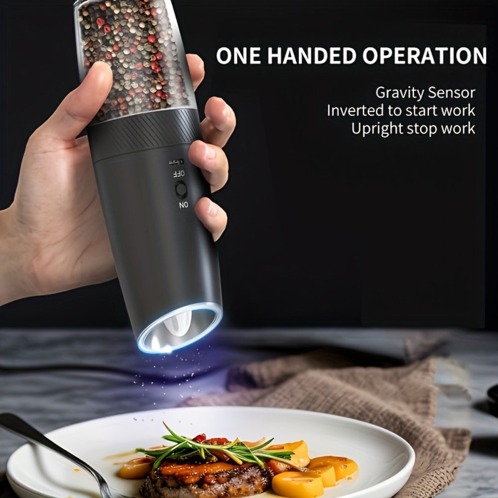 Electric Salt and Pepper Grinder Gravity Sensing USB Rechargeable with LED Light, One-Hand Operation Automatic Pepper Mill Adjustable Coarseness, Battery or Type-C Powered Kitchen Spice Grinder Set 1-2pcs