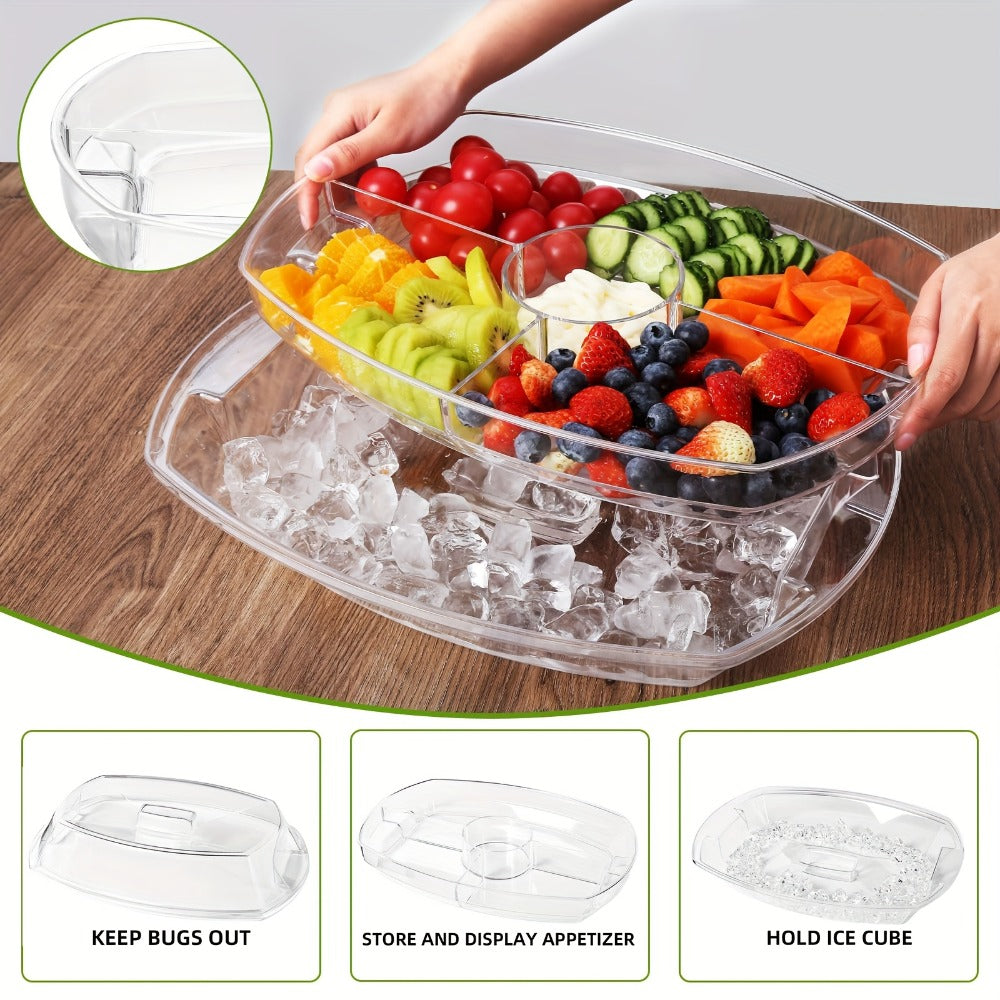 Appetizer Serving Tray with Ice Tray & Flip Lid ¨C 15 Inch Round Chilled Condiment Serving Platter, BPA-Free Plastic Veggie Dip Bowl, Dishwasher & Freezer Safe Party Snack Tray