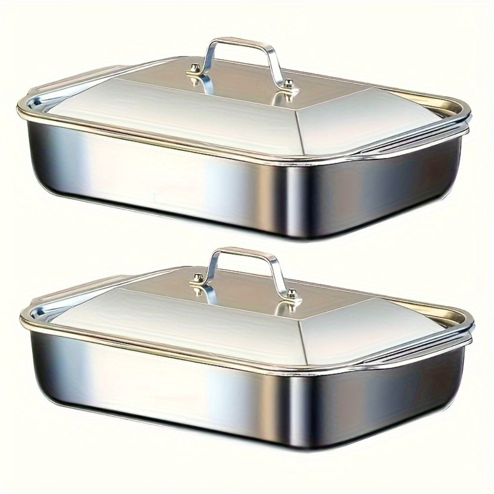 Stainless Steel Baking Pan Set 4-Piece ¨C 2 Deep Roasting Pans & 2 Lidded Pans with Handles, 6-Liter Large Capacity 16.14¡± Rectangular Baking Pans for Lasagna, Fish, Chicken & Roasting ¨C Dishwasher Safe