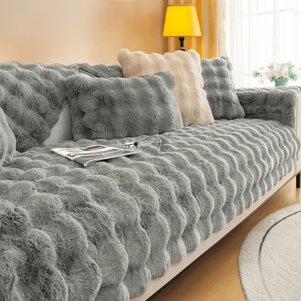Bubble Soft Faux Rabbit Fur Sofa Cover - Non-Slip Silicone Backing Stretchable Slipcover Pet Friendly Machine Washable for Living Room Bedroom Dorm, 4 Colors Multiple Sizes