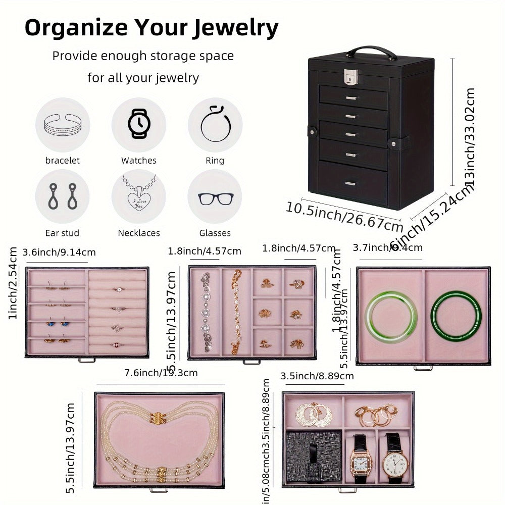 Jewelry Box 6 Tier with 5 Drawers Mirror & Lock | Large Jewelry Organizer Storage Case Gift for Women