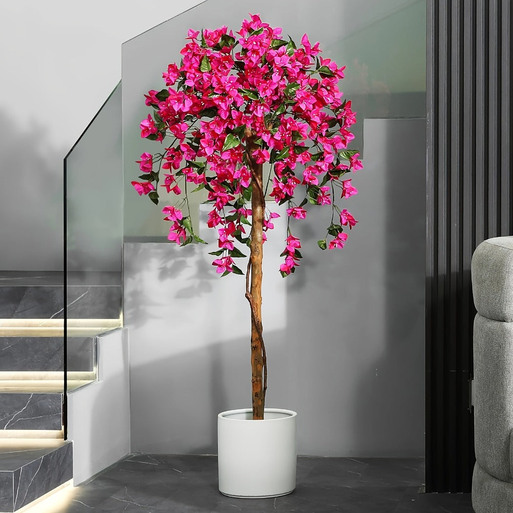 Faux Potted Bougainvillea Tree 5ft Artificial Indoor Plant with Pink Flowers Wood Trunk for Living Room Office Entryway Home Decor Housewarming Gift