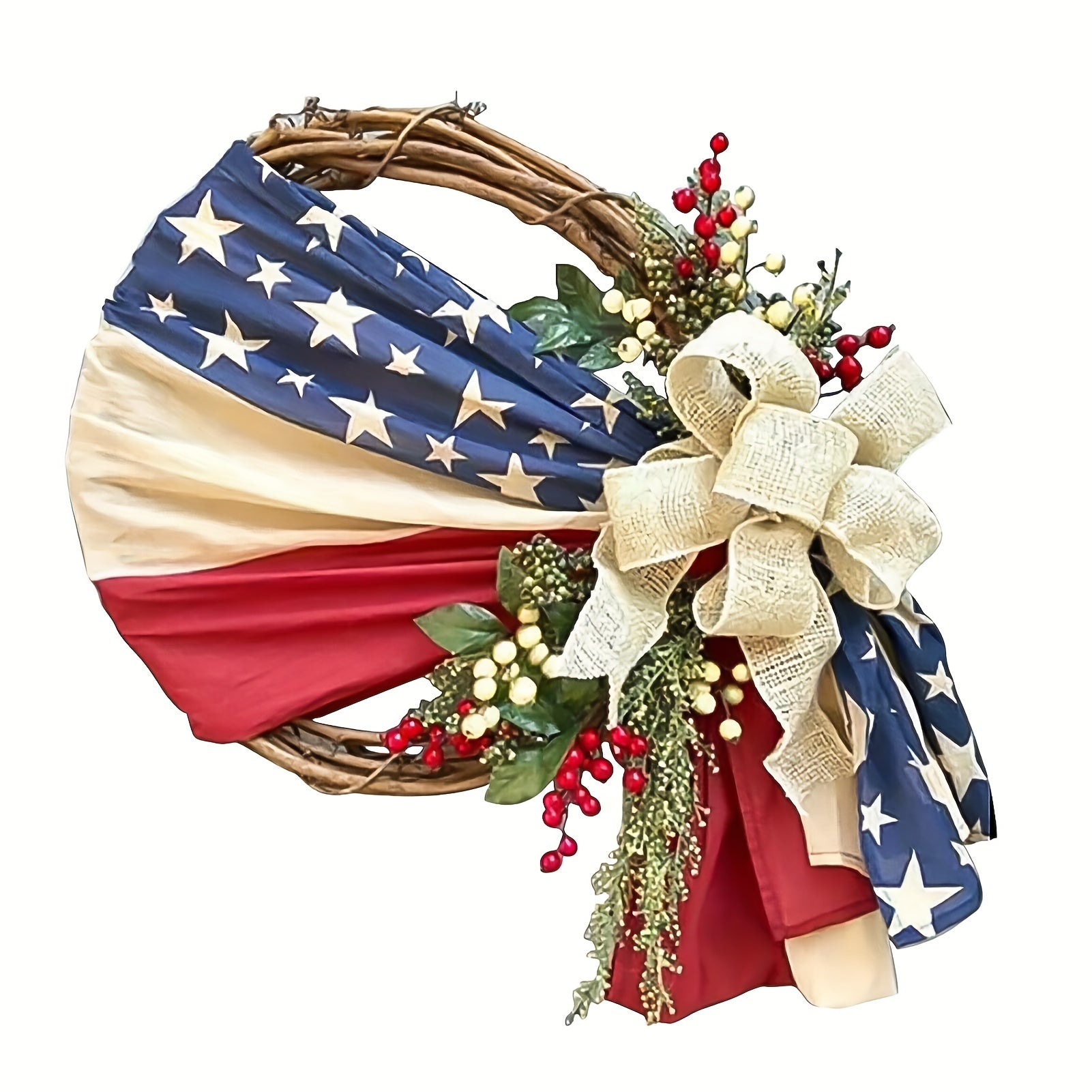 Patriotic 4th of July Door Wreath ¨C Red White & Blue American Flag Wreath with Burlap Bow for Independence Day, Memorial Day & Patriotic Home, Porch & Office Decor