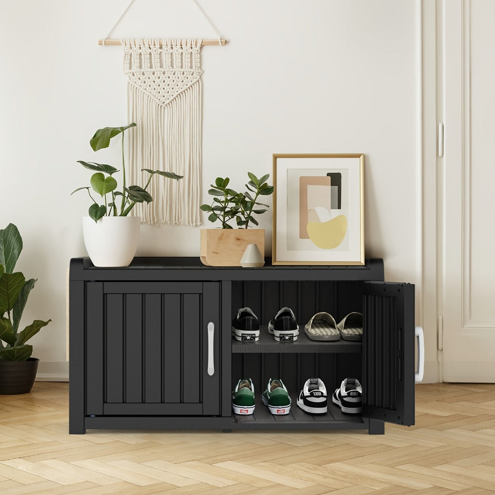 Shoe Storage Bench with Hidden Cabinet Entryway Bench All-Weather Resin Indoor Outdoor Porch Patio Mudroom Hallway Organizer