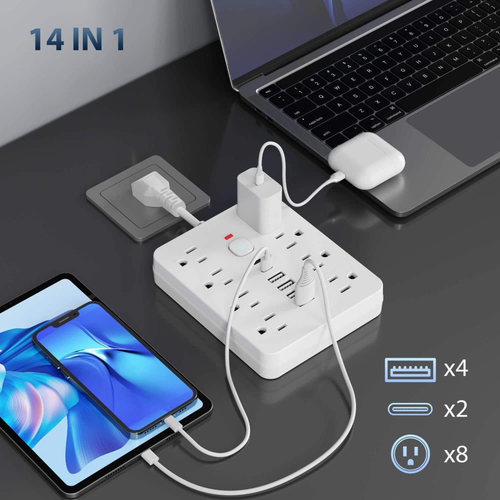 Power Strip Surge Protector 14-in-1 with 8 AC Outlets, 4 USB & 2 Type-C Ports ¨C Flat Plug Space-Saving Extension Cord, Compact Multi-Plug Outlet Expander for Home Office Desk & Kitchen