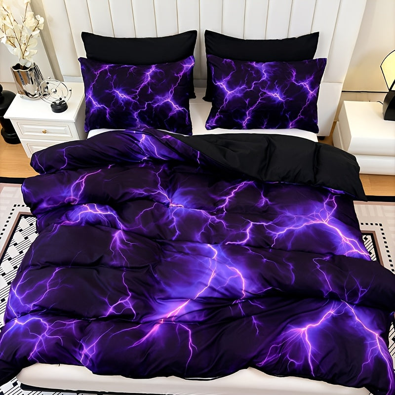 Duvet Cover Set 3 Piece Purple Lightning Digital Print - 100% Polyester Bedding Set with 2 Pillowcases, Twin Full Queen King, Colorful Graphic Bedroom Decor, Machine Washable