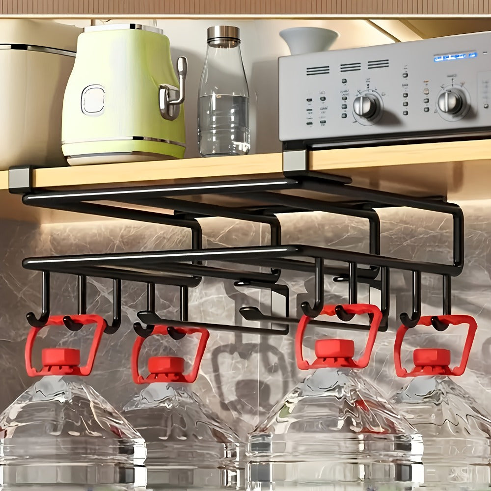 Under Cabinet Organizer Rack with Hooks ¨C Heavy Duty Carbon Steel Kitchen Shelf for Utensils, Towels, Cups & Cutting Boards ¨C No-Drill Door-Mount Space-Saving Kitchen Storage