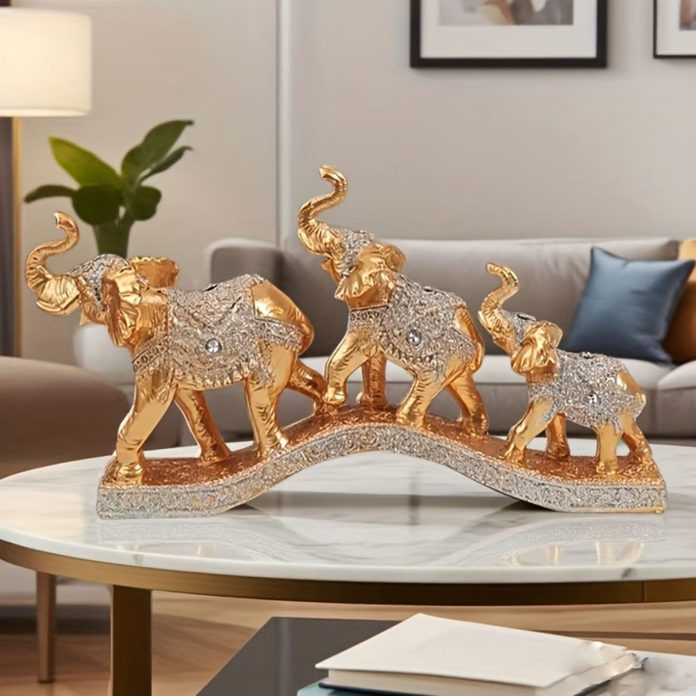 Golden Elephant Figurine Set of 3 - Lucky Elephant Statue Home Decor, Resin Elephant Family Sculpture for Living Room TV Cabinet Office Desktop, Wealth Attracting Housewarming Gift, 14 Inch
