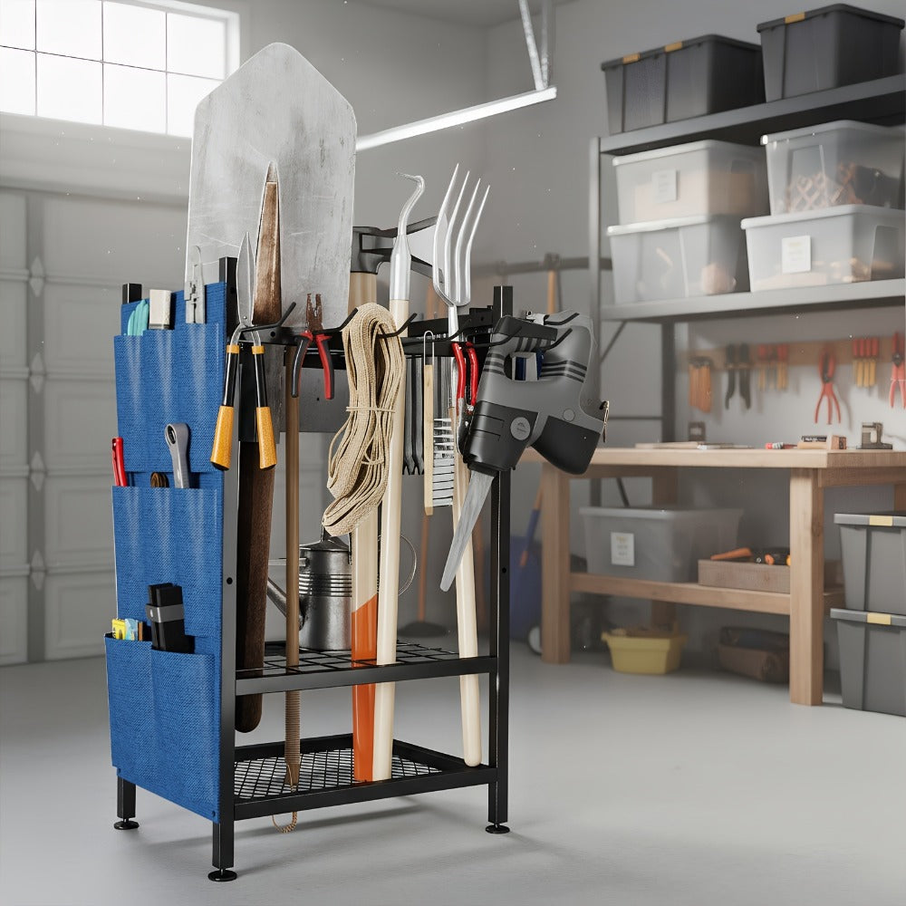 Tool Storage Rack with Storage Bag ¨C Metal Yard Tool Organizer for Garage Holds 35 Long-Handled Tools, Broom, Shovel, Rake Stand Holder, Heavy Duty Freestanding Garden Tool Rack for Outdoor & Yard, Black