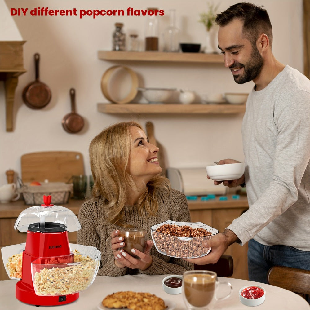 Hot Air Popcorn Maker with 4 Bowls ¨C Oil-Free Electric Popcorn Machine 95% Pop Rate Ready in 3 Min | Portable Popcorn Popper for Movie Night Family Gatherings Parties Home Theater Kitchen Use Red