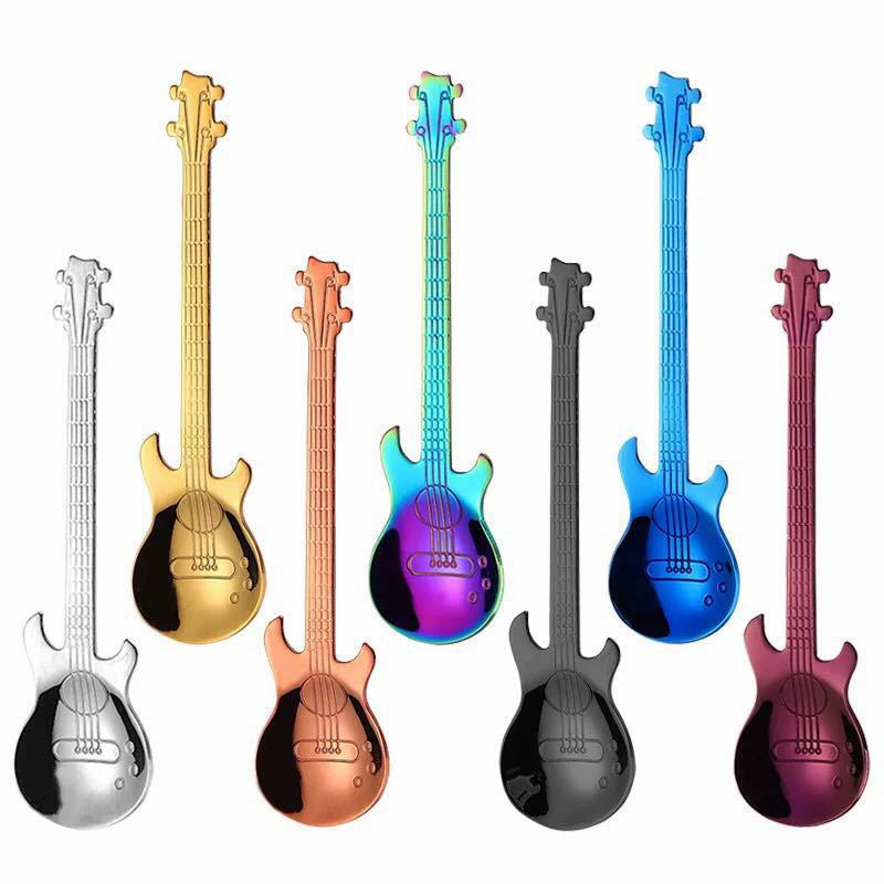Guitar Shaped Spoons Set of 6 304 Stainless Steel Creative Teaspoons for Coffee Milk Tea Ice Cream Dessert - Colorful Novelty Cutlery Gift Set 7 Random Colors