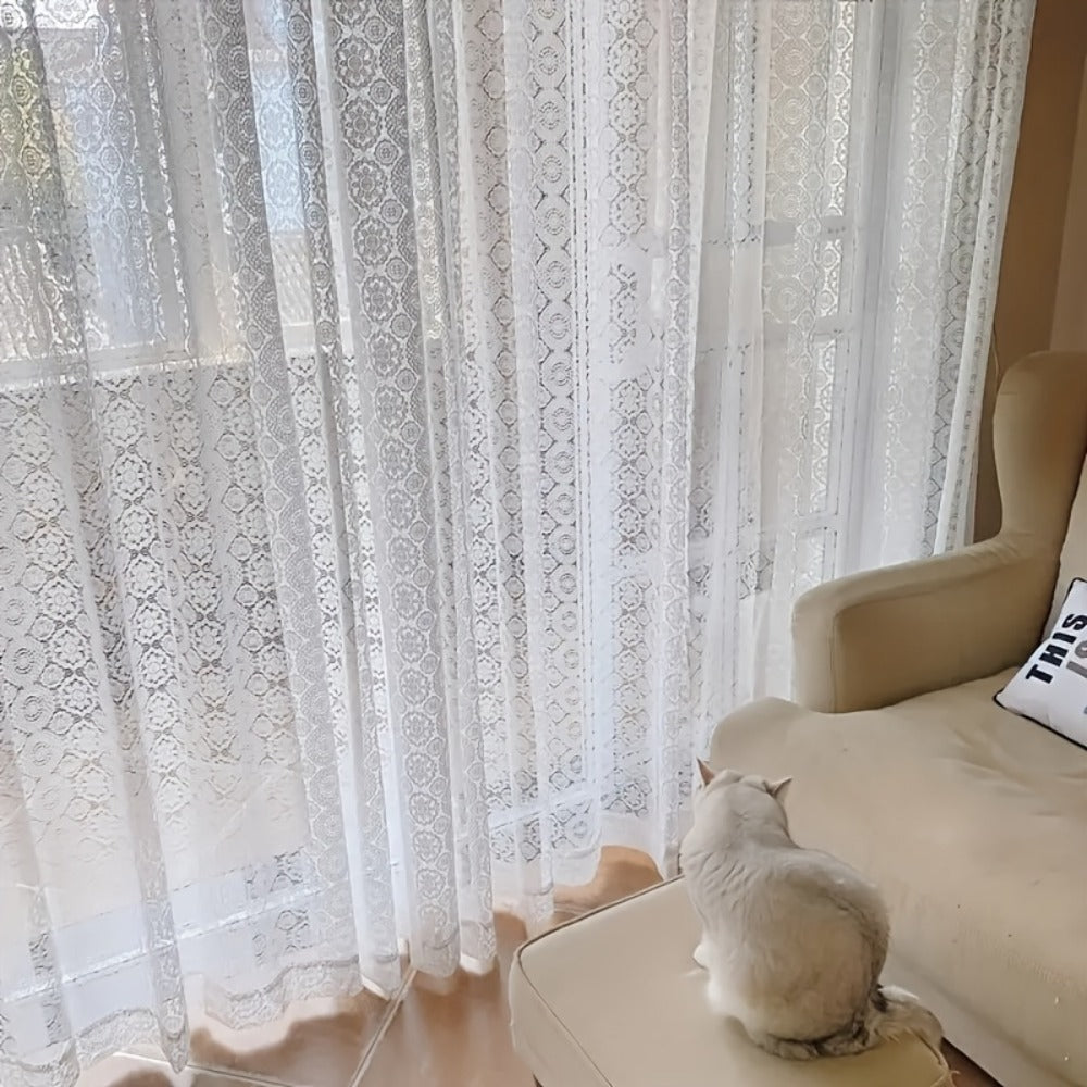 Sheer Chiffon Curtain French Retro Lace Embroidered White Voile Rod Pocket Panel | Living Room Bedroom Room Divider | Boho Cottagecore Romantic Window Drape 145x114 145x183 145x244cm