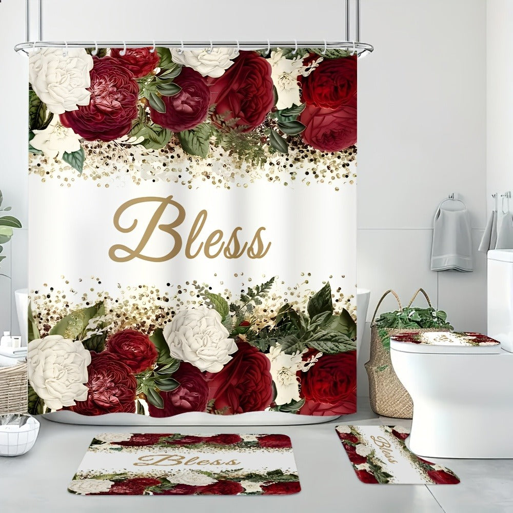 Rose Print Shower Curtain 4-Piece Bathroom Set ¨C Toilet Lid Cover Mat Machine Washable with 12 Hooks Elegant Floral Decor