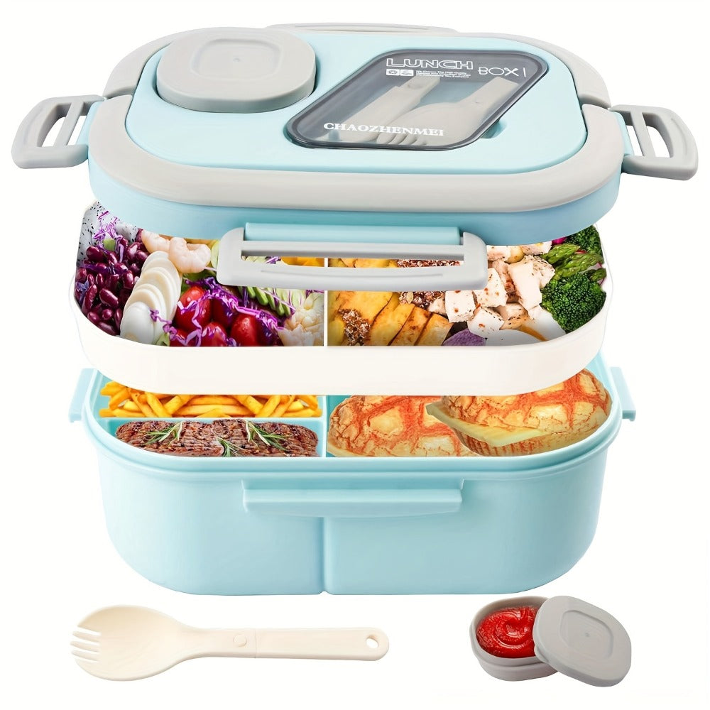2-Layer Bento Lunch Box Set with Cup and Meal Bag - Multi-Grid Lunch Box for School, Office & Outdoor Picnics, Food Storage Container with Milk Cup, Salad Cup, Coffee Cup or Soup Bowl, Pink Blue Green White