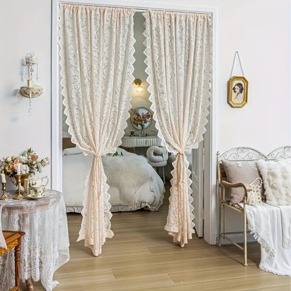 Sheer Curtain Rod Pocket Floral Lace Semi-Sheer Window Panel for Living Room Bedroom Kitchen Bathroom, 100% Polyester, Machine Washable, White Light Green Coffee