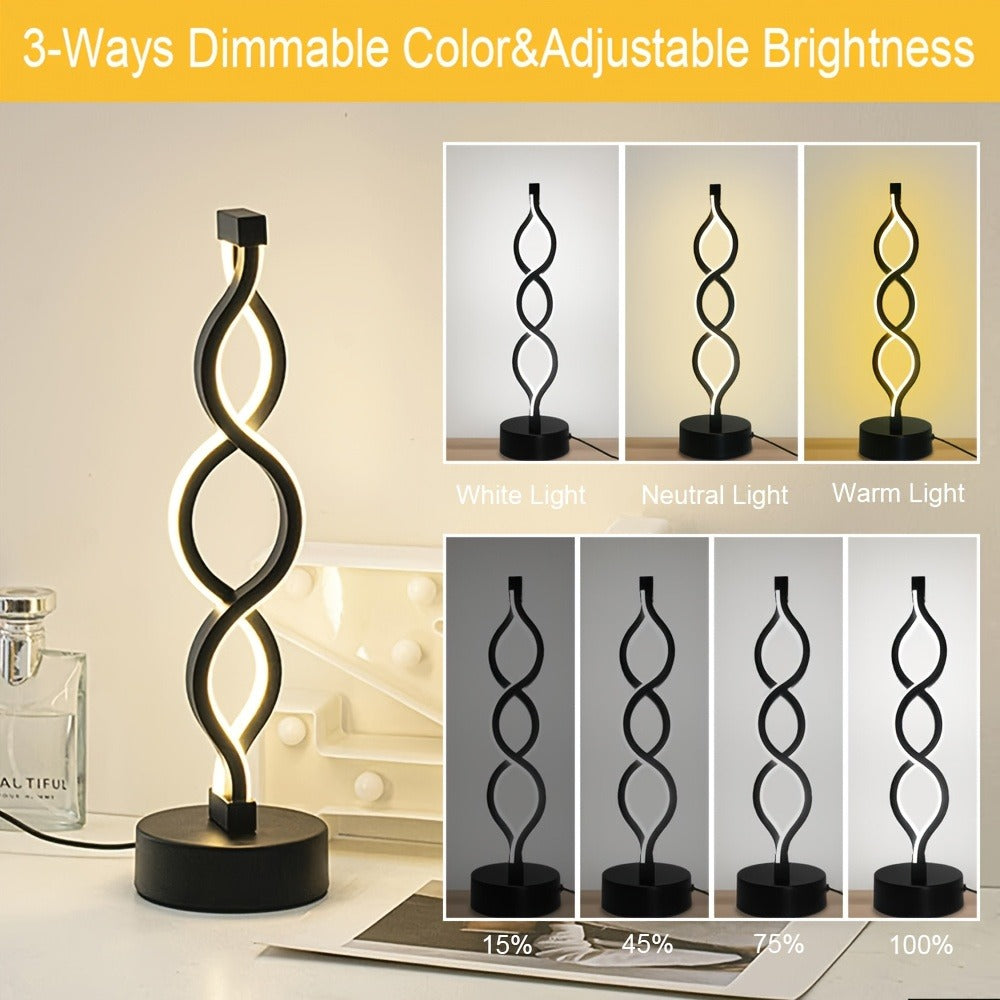 Spiral LED Table Lamp ¨C Modern Minimalist Wave Dimmable Desk Lamp, 3 Color Temperatures, USB Charging, Metallic Base, Creative Curved Night Light for Bedroom Living Room Office Study (1pc / 2pc / Wooden)