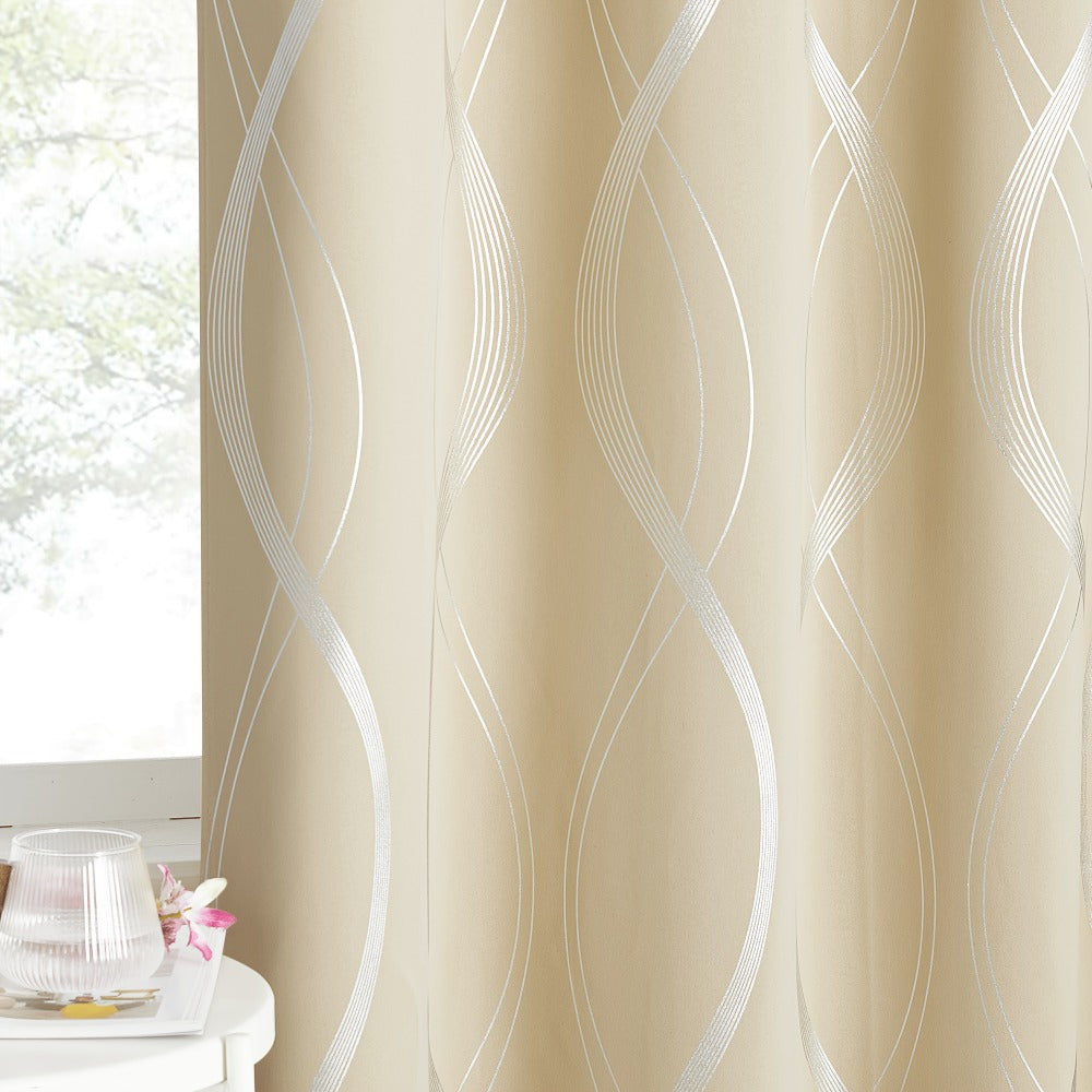 Thermal Insulated Blackout Curtains 2 Panels Wave Line Foil Print Noise Reducing Room Darkening Drapes for Bedroom Living Room Patio Sliding Glass Door