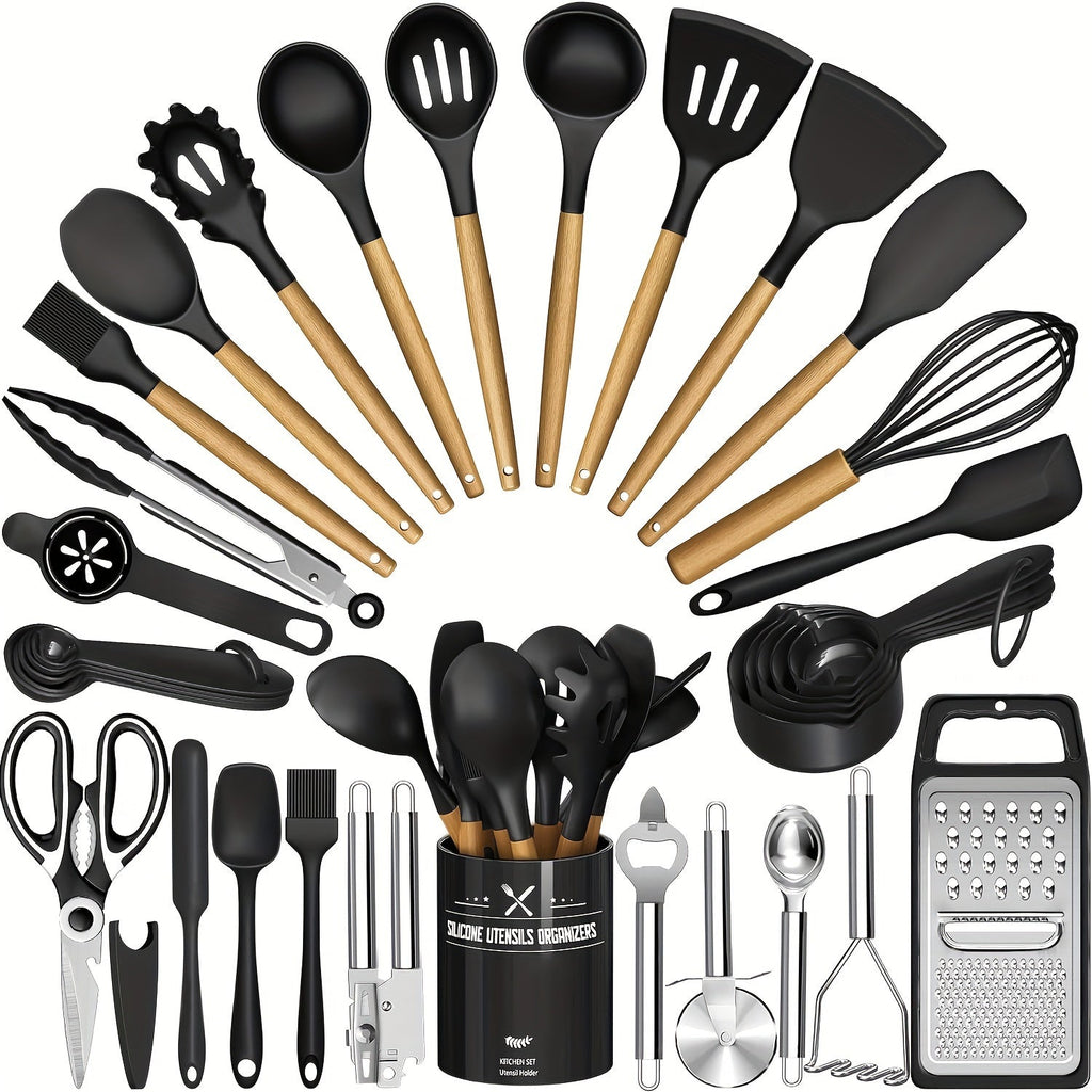 Silicone Kitchen Utensils Set 34-Piece with Holder ¨C Heat Resistant Cooking Spatula Tools for Nonstick Cookware | Wooden Handle Kitchen Gadgets | Father's Day & Housewarming Gift
