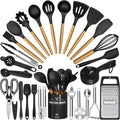 Silicone Kitchen Utensils Set 34-Piece with Holder ¨C Heat Resistant Cooking Spatula Tools for Nonstick Cookware | Wooden Handle Kitchen Gadgets | Father's Day & Housewarming Gift