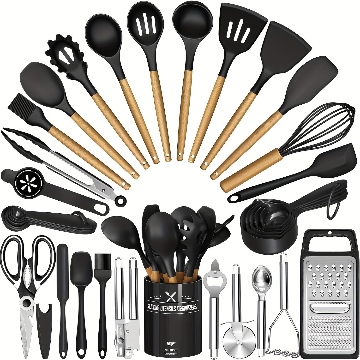 Silicone Kitchen Utensils Set 34-Piece with Holder ¨C Heat Resistant Cooking Spatula Tools for Nonstick Cookware | Wooden Handle Kitchen Gadgets | Father's Day & Housewarming Gift