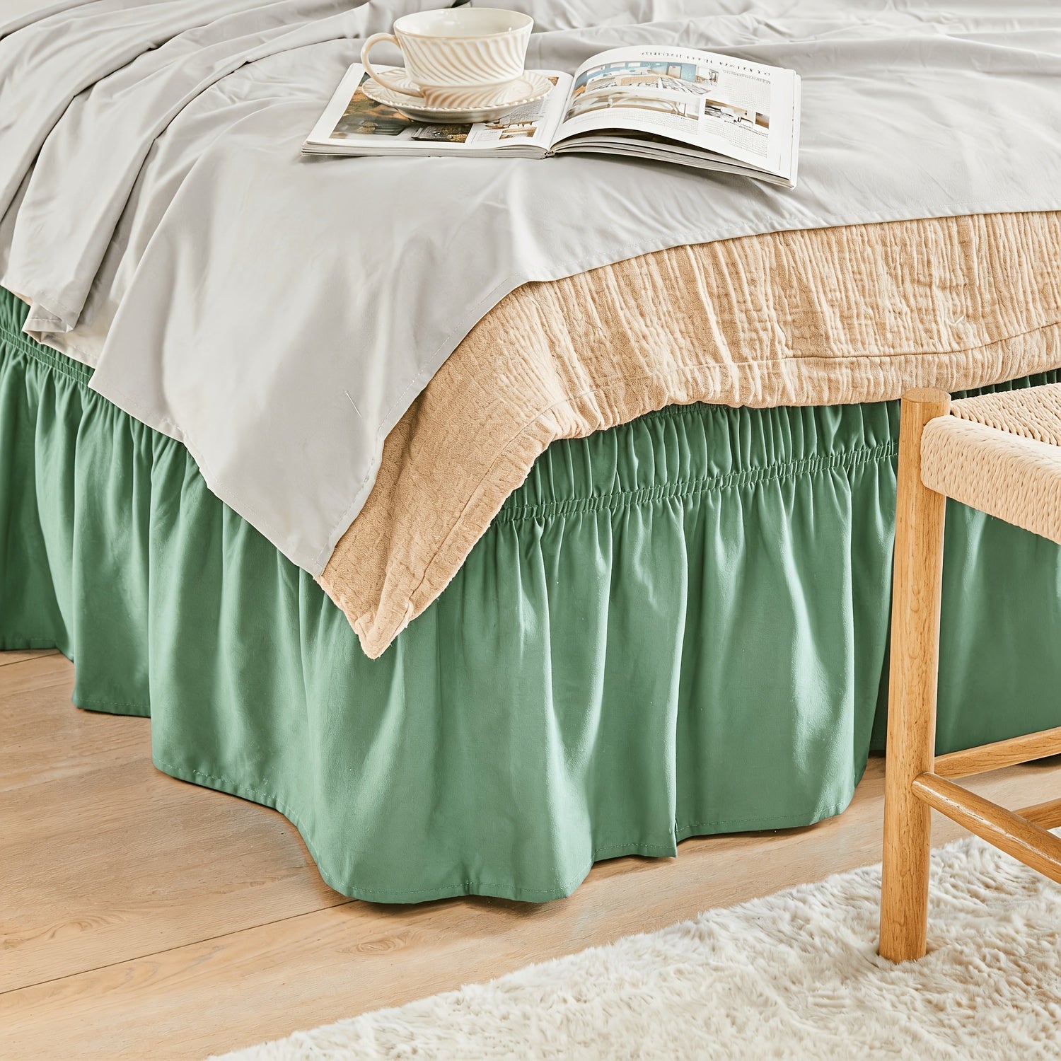 Bed Skirt with Adjustable Elastic Belt - Ruffle Microfiber Dust Ruffle 15 Inch Drop, Hotel Quality, Fade Resistant, Machine Washable, Easy Wrap Fit