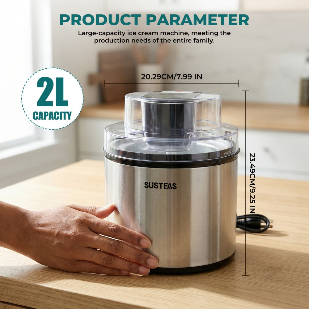 Ice Cream Maker 2 Liter Large Capacity Stainless Steel with LED Screen - Electric Ice Cream Machine for Home, Parties & Barbecues, Makes Frozen Yogurt & Fruit Smoothies, Easy to Clean, Great Gift