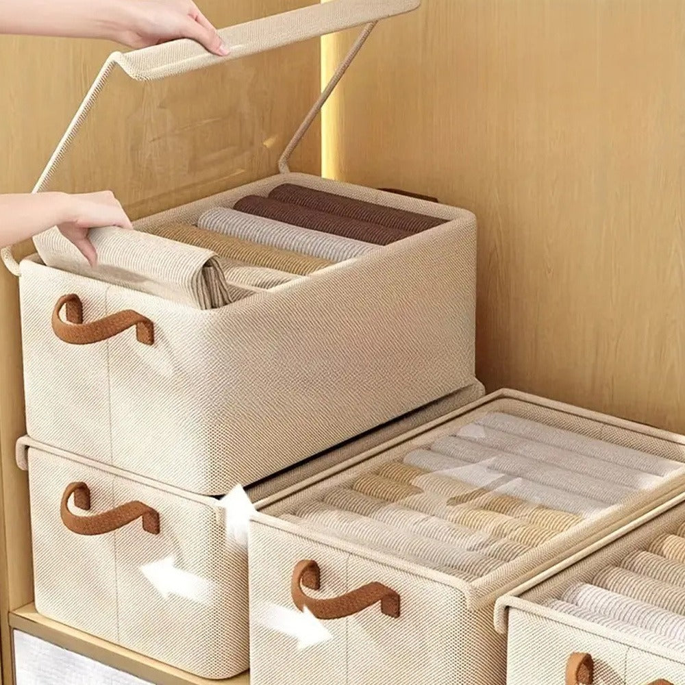 Foldable Clothes Storage Box with Transparent Lid 6-Pack, Stackable Wardrobe Organizer Bins with Steel Frame & Handles, Collapsible Fabric Closet Storage Boxes for Clothing Blankets Sundries, Green Beige Gray
