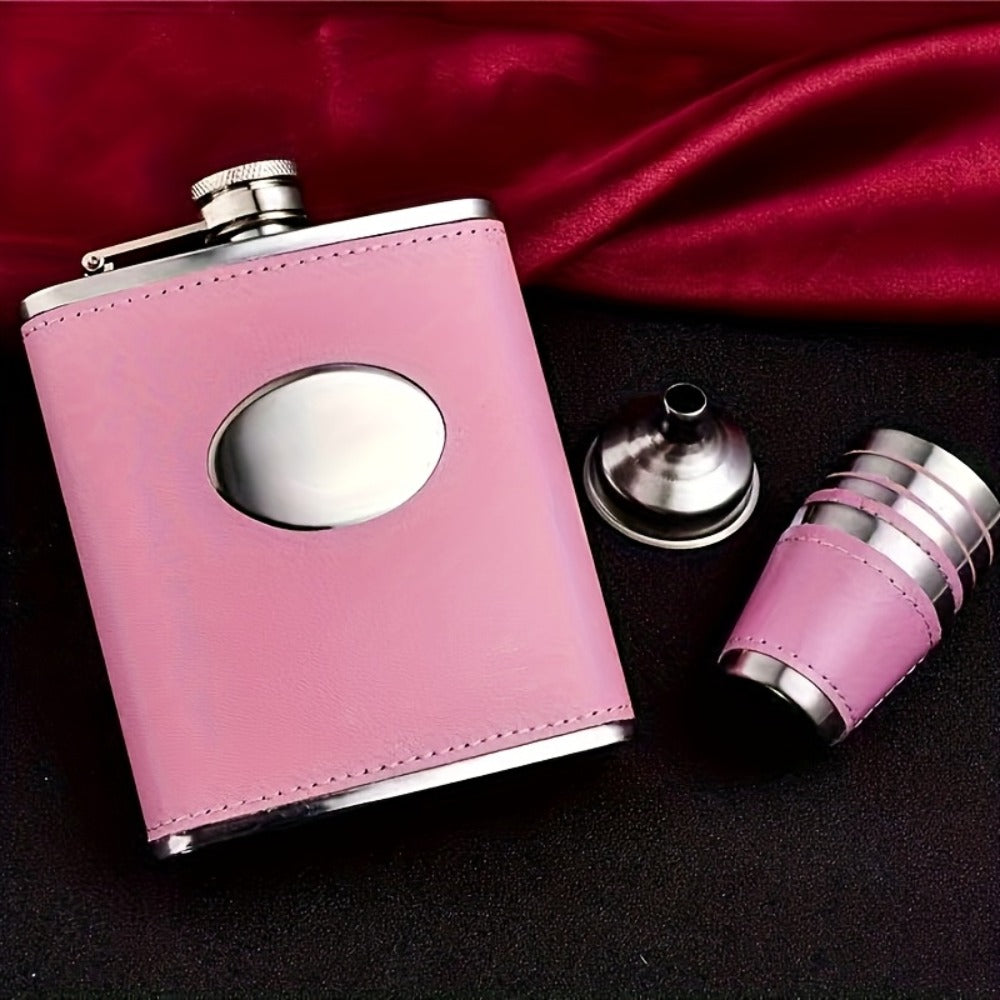 Flask Set for Women 6oz Leather Wrapped Stainless Steel Hip Flask Gift Set with 4 Cups and Funnel Pink Orange Blue Holiday Christmas Valentine Gift for Girlfriend Mom