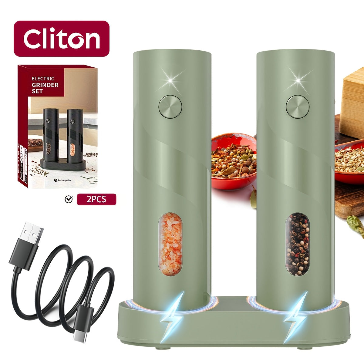 Electric Salt and Pepper Grinder Set with LED Light & Gravity Sensor ¨C USB Rechargeable, Top-Fill, Large Capacity Automatic Spice Mill ¨C 1 or 2 Pack Kitchen Gift Set
