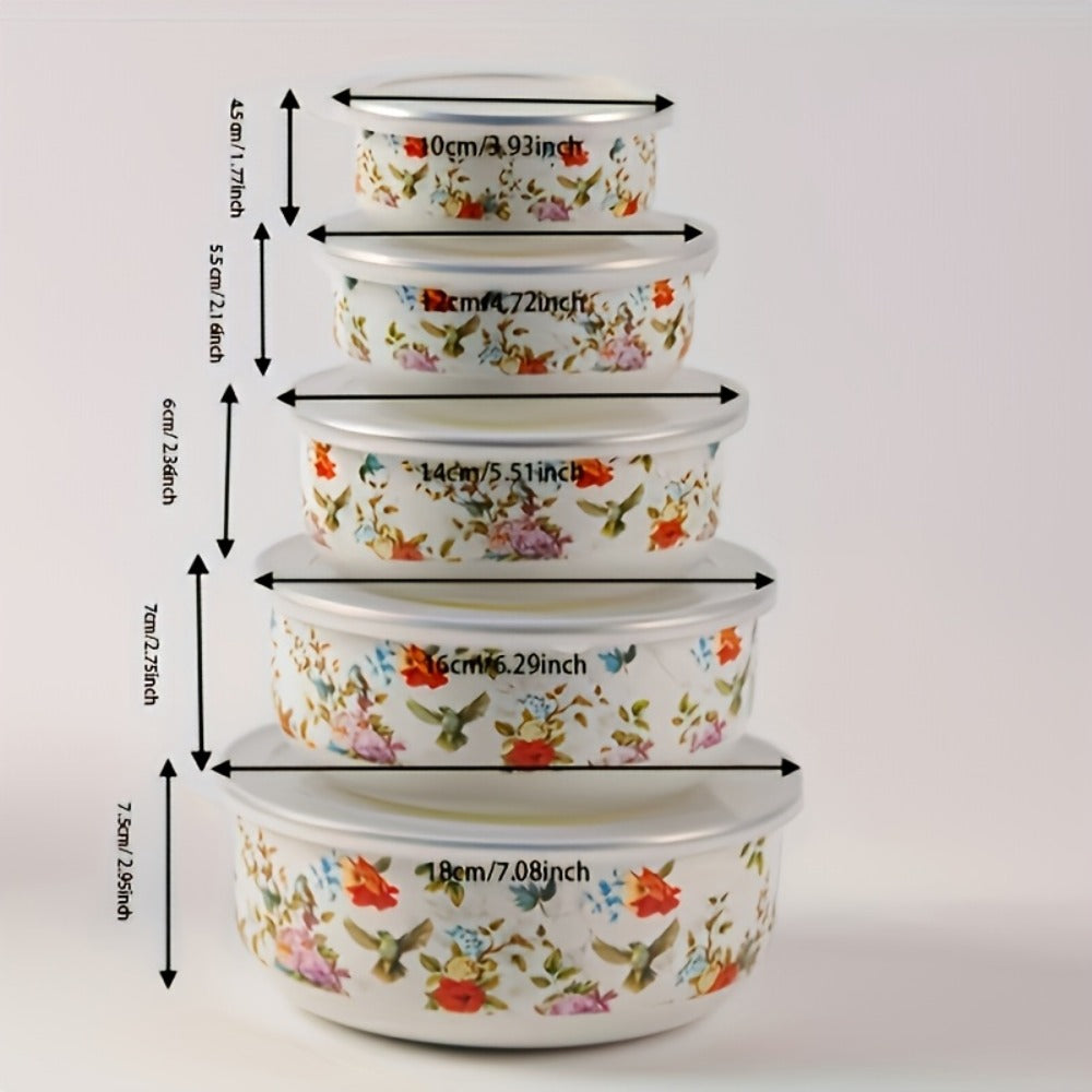5-Piece Enamel Food Storage Containers Set with Lids - Sealed Lunch Boxes, Noodle Bowls & Refrigerator Preservation Bowls for Kitchen, Office & Camping