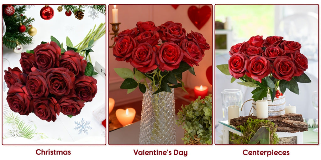 10pcs Artificial Silk Roses Bulk - Fake Flowers for Wedding Home Decor, 19.69¡± Long Stem, Deep Purple & Dark Green