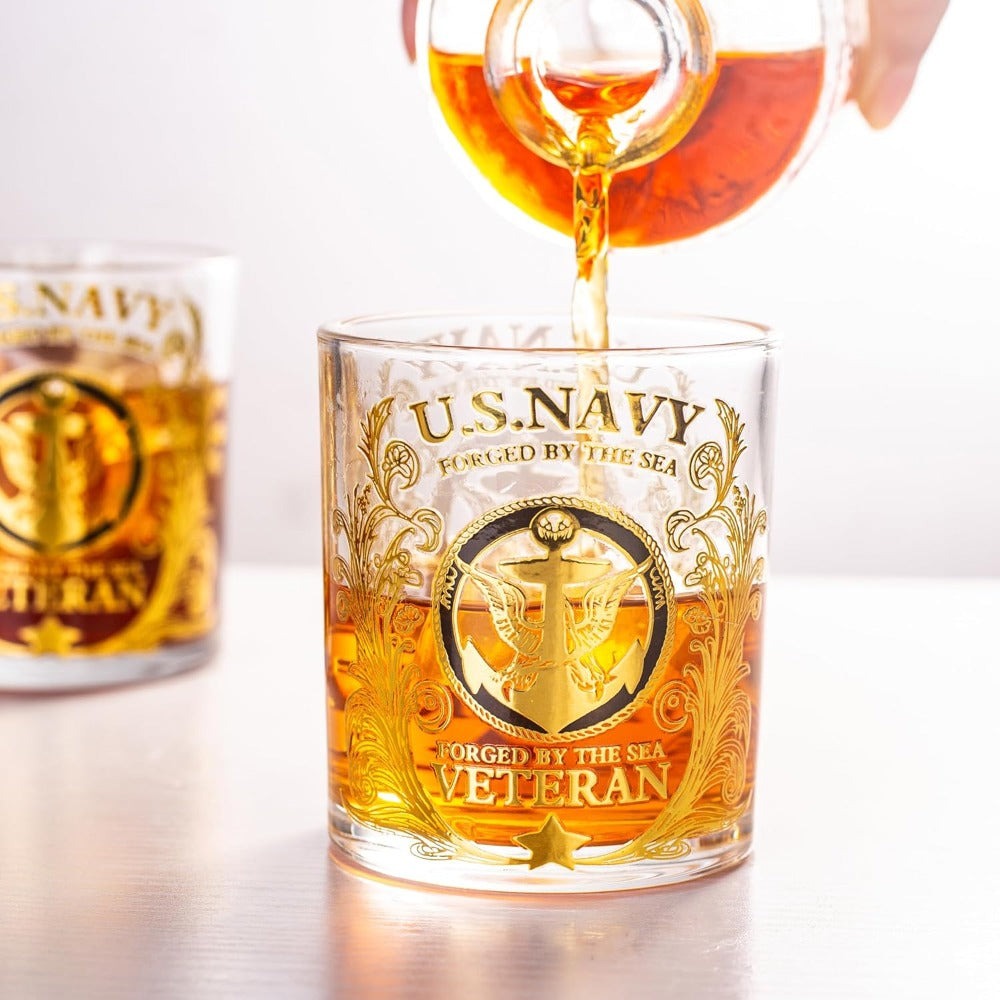 Engraved Veteran Tribute Whiskey Glass 10oz - US Navy Military Gift, Personalized Patriotic Whiskey Glasses for Dad, Military Vet Anniversary Gift